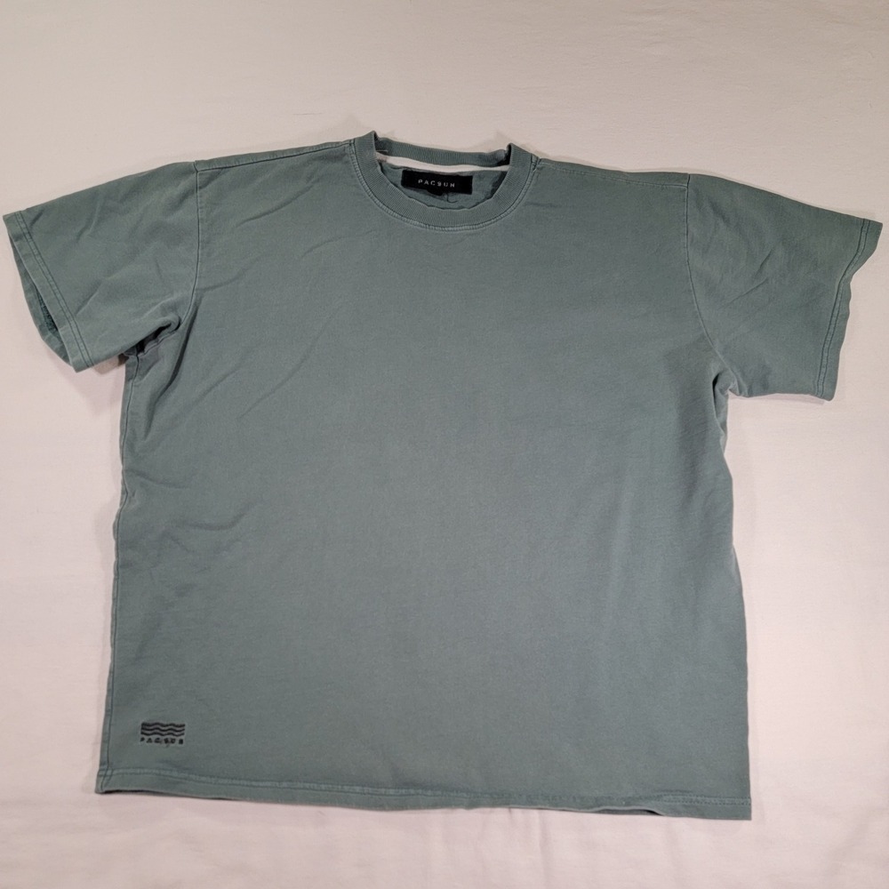 PacSun Mens Small Sage Green Boxy Heavyweight T-Shirt Wave Logo Streetwear Tee